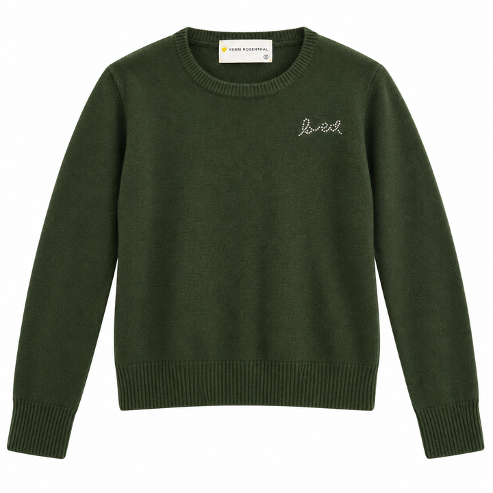 Kerri Rosenthal 100% Cashmere Heart Patch Sweater, Olive Green / Pink - S