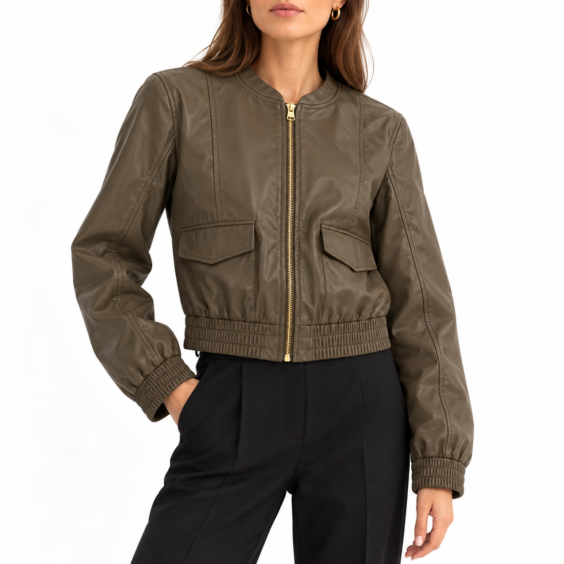 INTERMIX Olive Leather Bomber Jacket - S