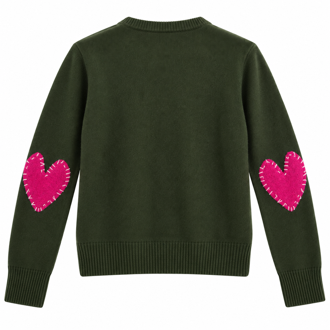 Kerri Rosenthal 100% Cashmere Heart Patch Sweater, Olive Green / Pink - S