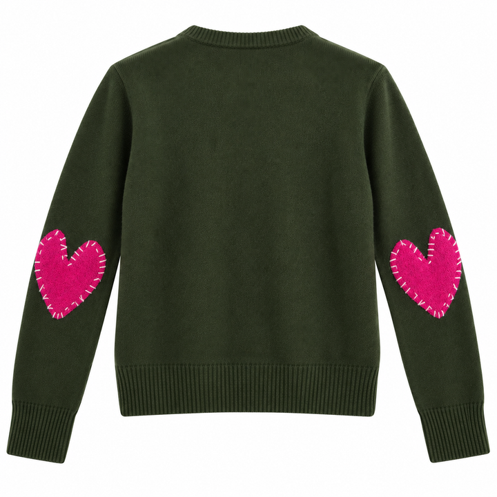 Kerri Rosenthal 100% Cashmere Heart Patch Sweater, Olive Green / Pink - S