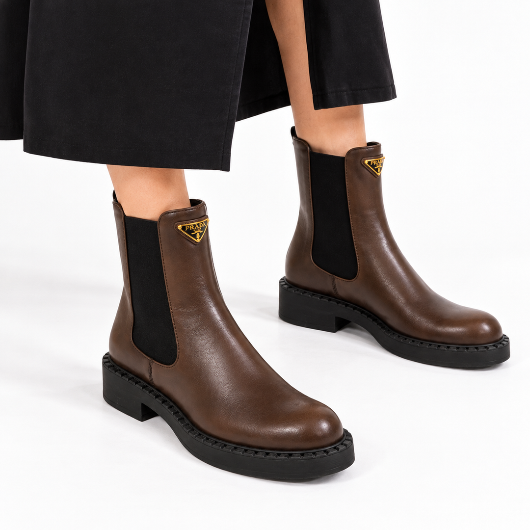 Prada Brushed Leather Triangle Logo Chelsea Boots, Dark Brown - 38.5