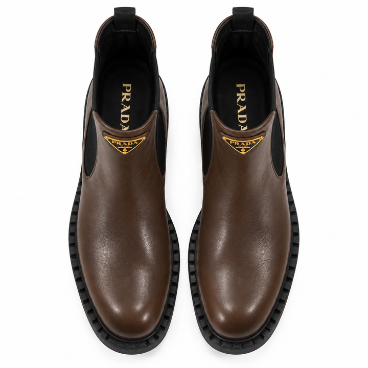 Prada Brushed Leather Triangle Logo Chelsea Boots, Dark Brown - 38.5