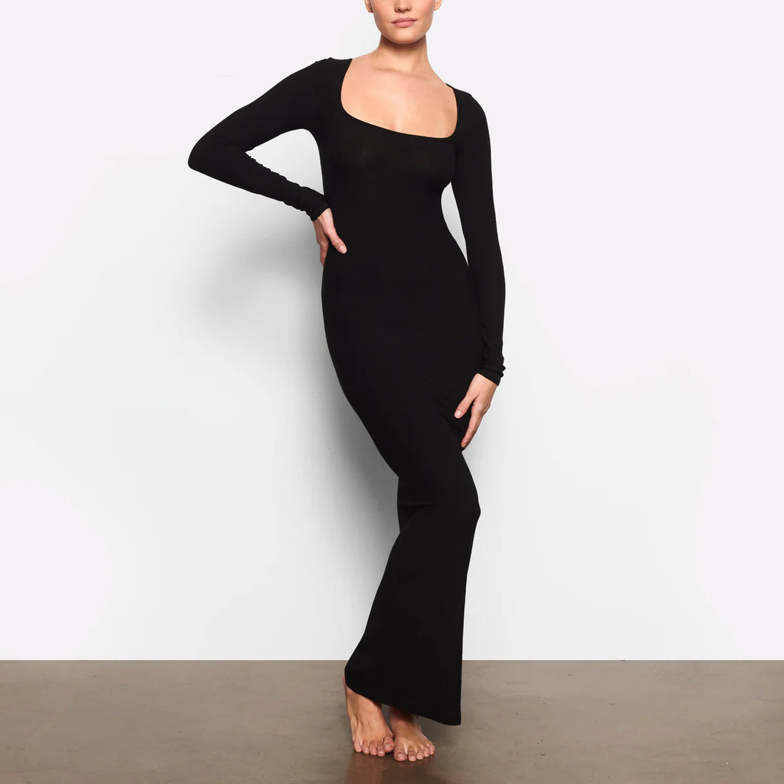 SKIMS Long Sleeve Lounge Dress Black- Size Small