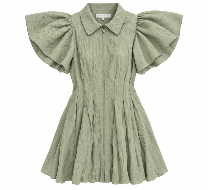 Jonathan Simkhai Callista Crinkle Puff-Sleeve Mini Dress, Lichen - S