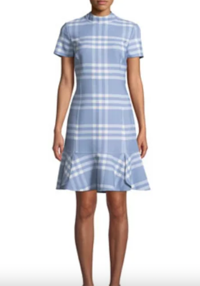Oscar De La Renta -Light Blue &amp; White Plaid Flounce Hem Dress- Size 8
