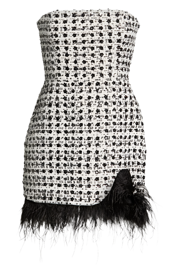 Amanda Uprichard Jazz Sequin Tweed Feather Hem Strapless Dress- S