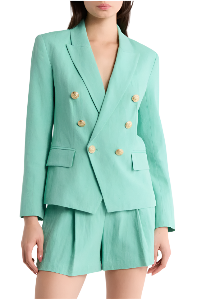 L'Agence Kenzie Double Breasted Linen & Cotton Blazer Seafoam - 2