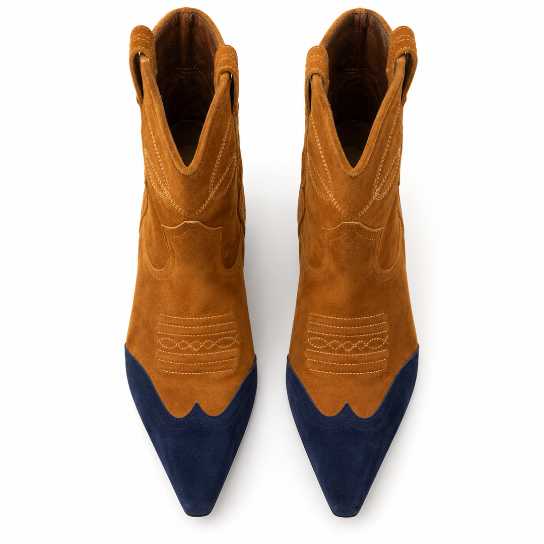 KHAITE Dallas Western Suede Ankle Boots, Navy &amp; Brown - 37