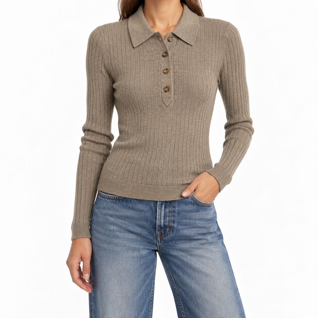 Reformation Ribbed Polo Sweater, Taupe/Brown - XS