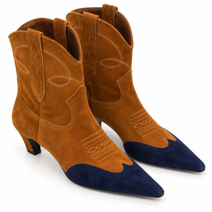 KHAITE Dallas Western Suede Ankle Boots, Navy &amp; Brown - 37