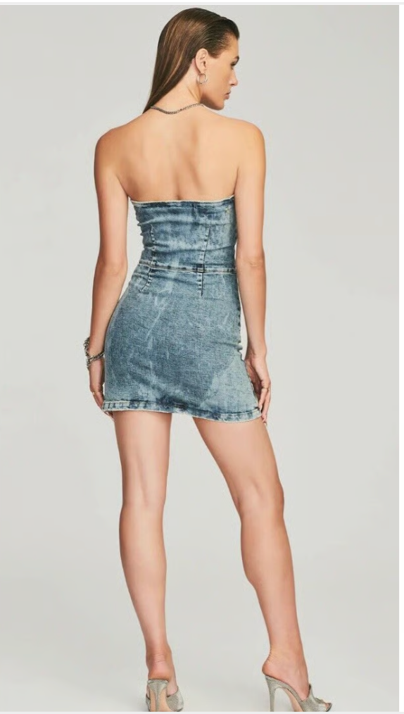 Retrofete Megh Strapless pleated Denim Mini Dress Marble Sky Button Front - L