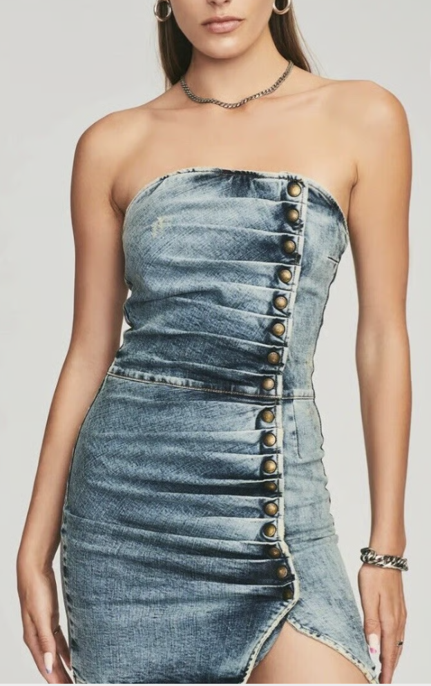 Retrofete Megh Strapless pleated Denim Mini Dress Marble Sky Button Front - L