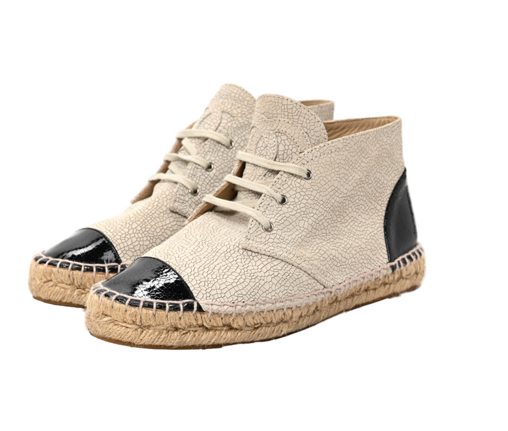 Chanel Crackled Calfskin High Top Espadrilles Light Beige Black - 38