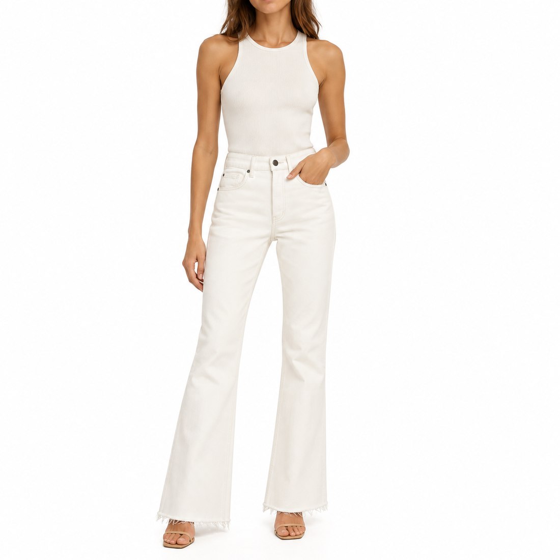 DL1961 White High-Rise Raw-Hem Flare Jeans - 24