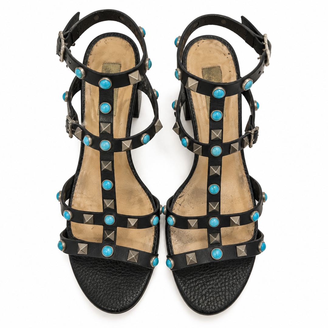 Valentino Garavani Rockstud Rolling Turquoise Cabochon Sandals - 38