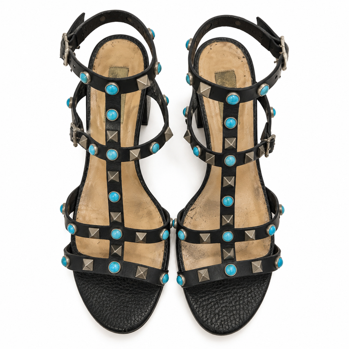 Valentino Garavani Rockstud Rolling Turquoise Cabochon Sandals - 38