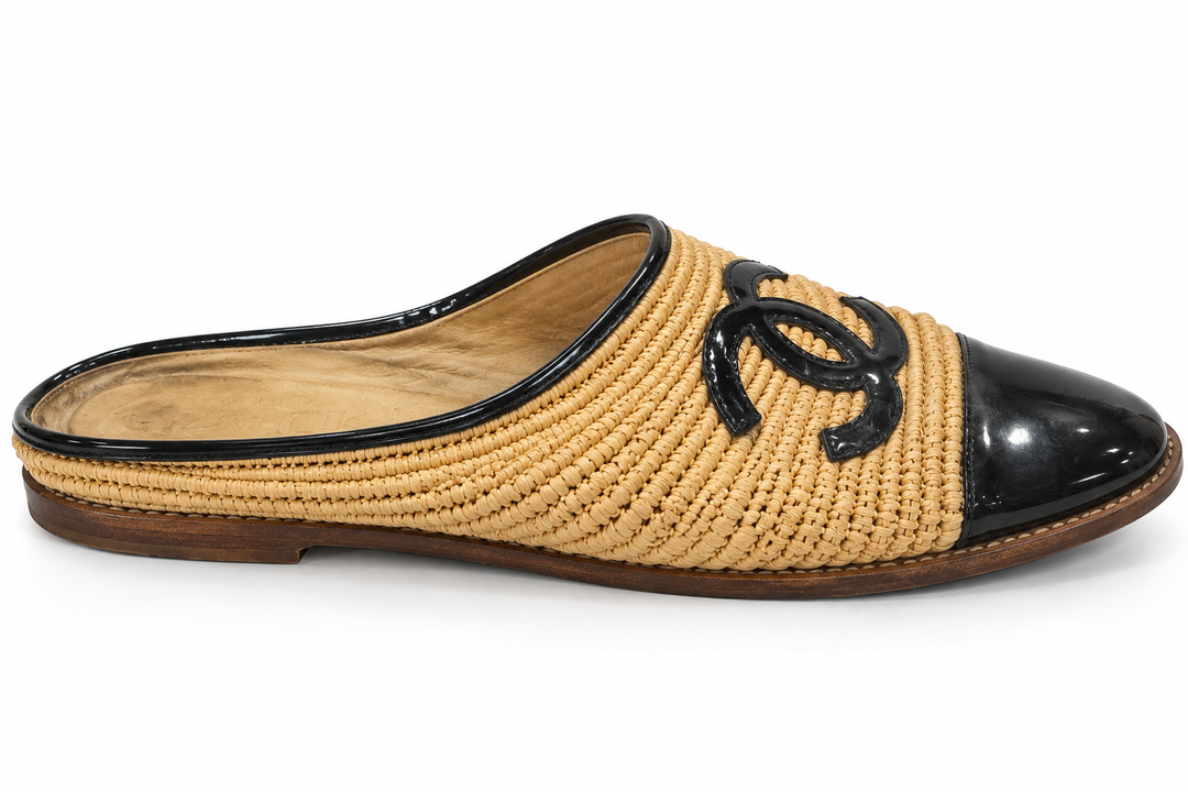 Chanel 2019 CC Cap-Toe Raffia Slide Mules - 38