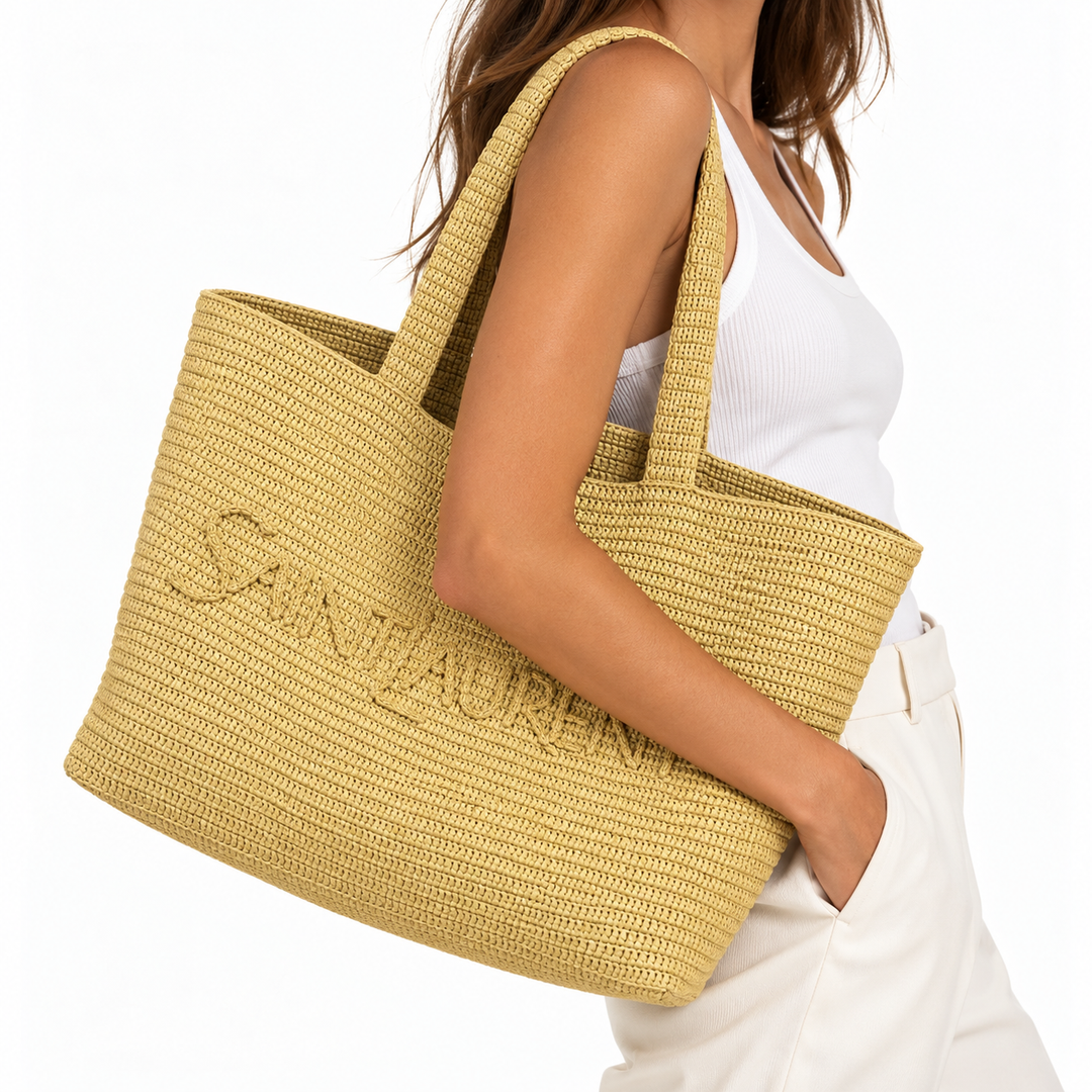 Saint Laurent Large Logo Embroidered Raffia Tote, Natural