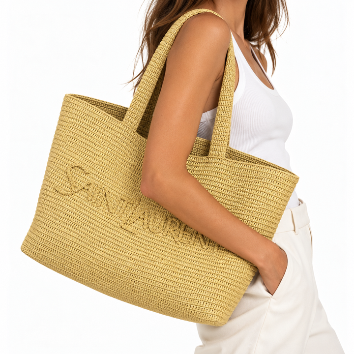 Saint Laurent Large Logo Embroidered Raffia Tote, Natural