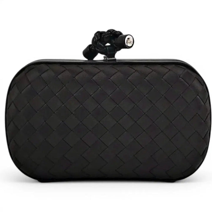 Bottega Veneta Satin Intreccio Impero Ayers Knot Clutch Black