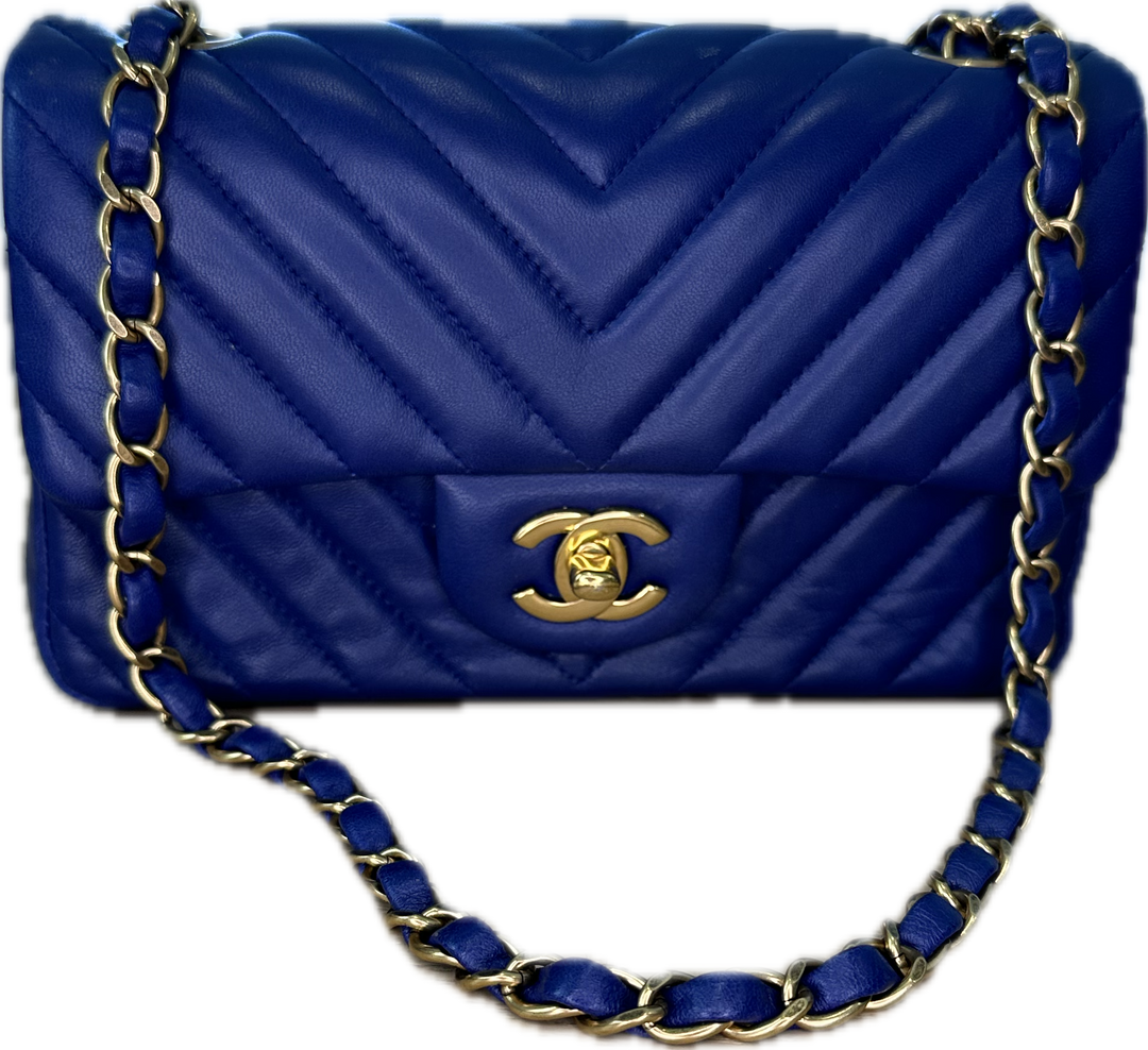CHANEL Lambskin Chevron Quilted Mini Rectangular Flap- Blue