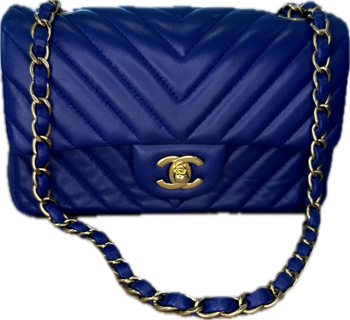 CHANEL Lambskin Chevron Quilted Mini Rectangular Flap- Blue