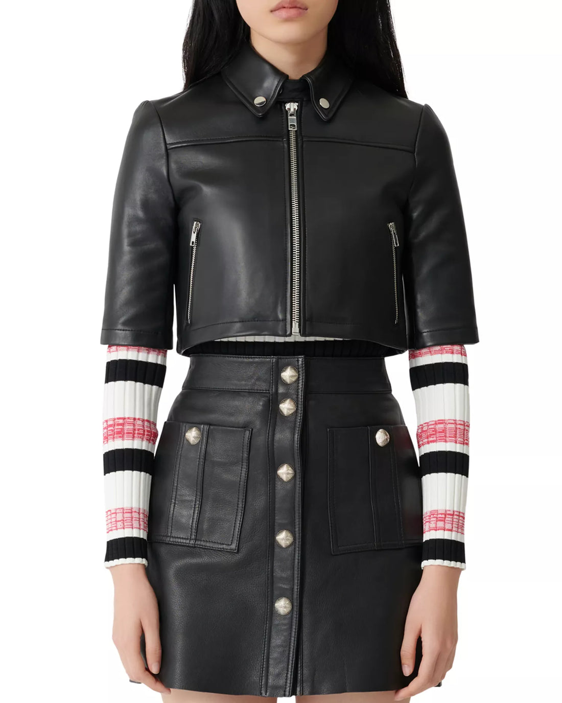 Maje Brittany Cropped Leather Jacket - 36