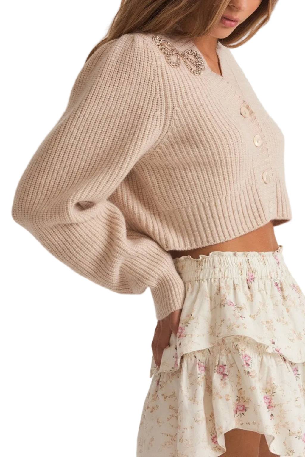 LoveShackFancy Larsa Rhinestone Bow Crop Cardigan Sweater