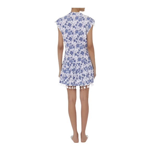 Poupette St Barth Heni Mini Dress Blue White Floral Fringe V-Neck - XS