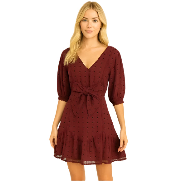 Love Shack Fancy Lena Dress Short Puff Sleeves Burgundy Floral Bow V-Neck - XS