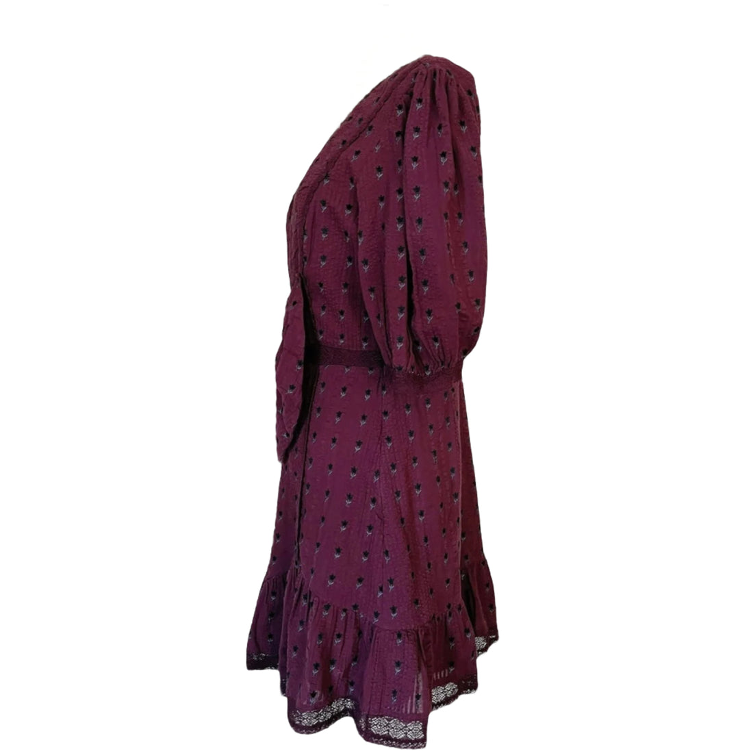 Love Shack Fancy Lena Dress Short Puff Sleeves Burgundy Floral Bow V-Neck - XS