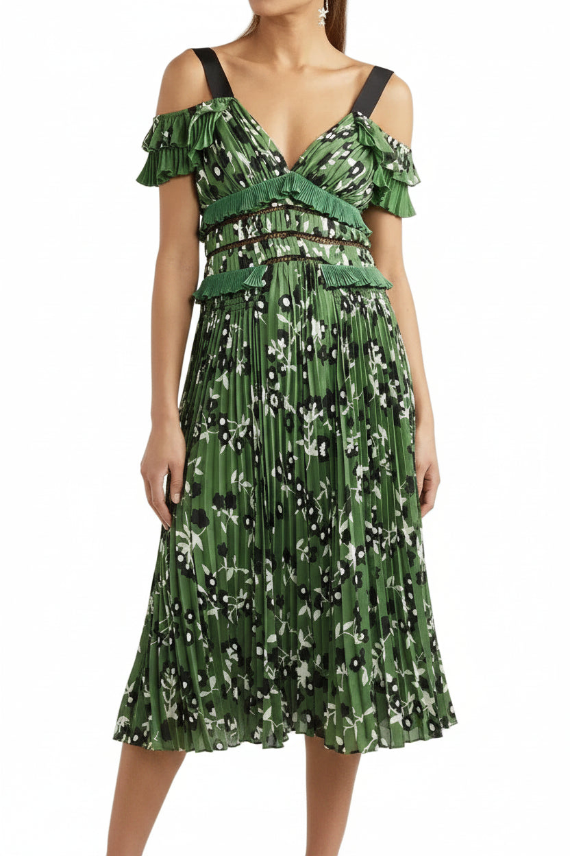 Self-Portrait Green Floral Print Plisse Crepe Cold Shoulder Midi Dress - 2