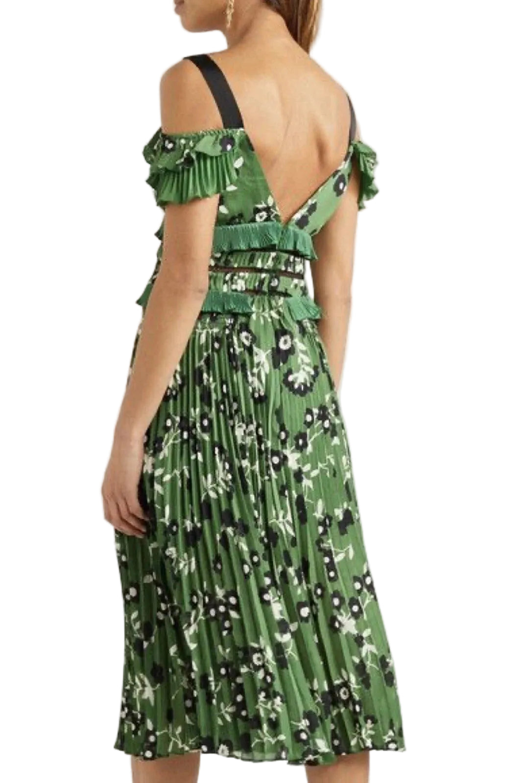 Self-Portrait Green Floral Print Plisse Crepe Cold Shoulder Midi Dress - 2