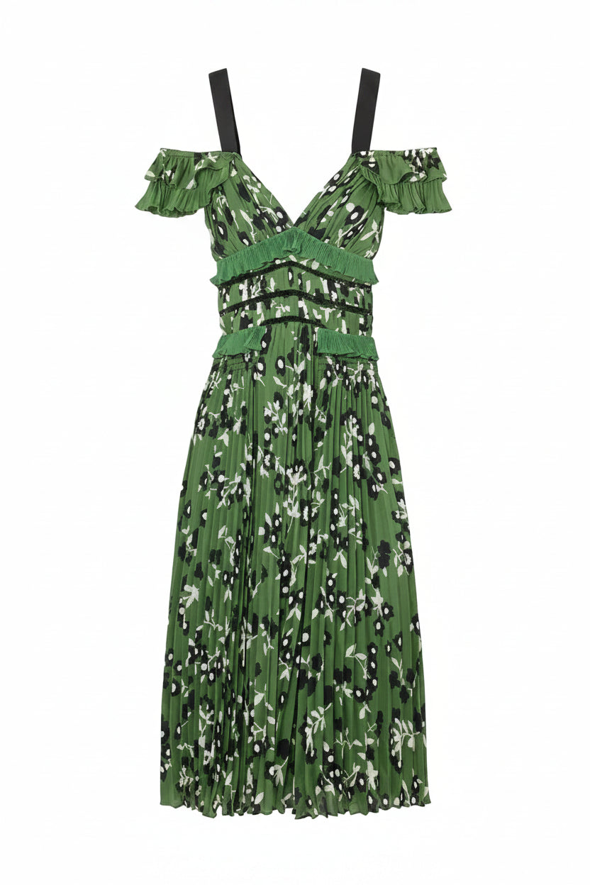 Self-Portrait Green Floral Print Plisse Crepe Cold Shoulder Midi Dress - 2