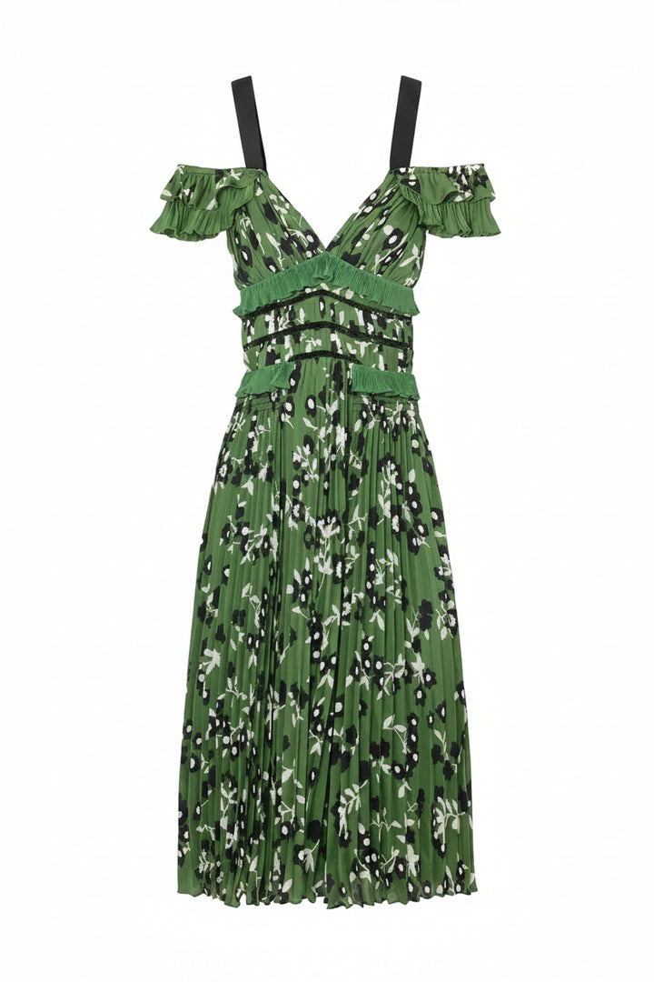 Self-Portrait Green Floral Print Plisse Crepe Cold Shoulder Midi Dress - 2
