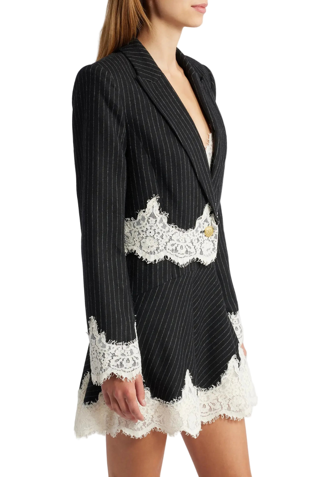 LoveShackFancy - Icarus Pinstripe Lace Trim Crop Jacket - 0