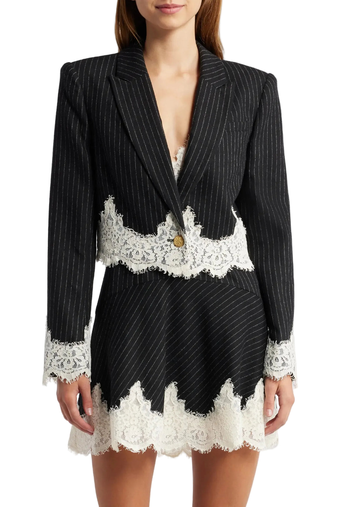 LoveShackFancy - Icarus Pinstripe Lace Trim Crop Jacket - 0