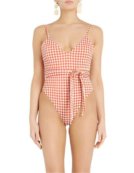 Mara Hoffman Gamela Gingham Waist-Tie Swimsuit - L