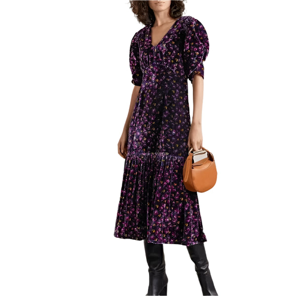 Sea York Valerie Tiered Floral Print Velvet Midi Dress - 00