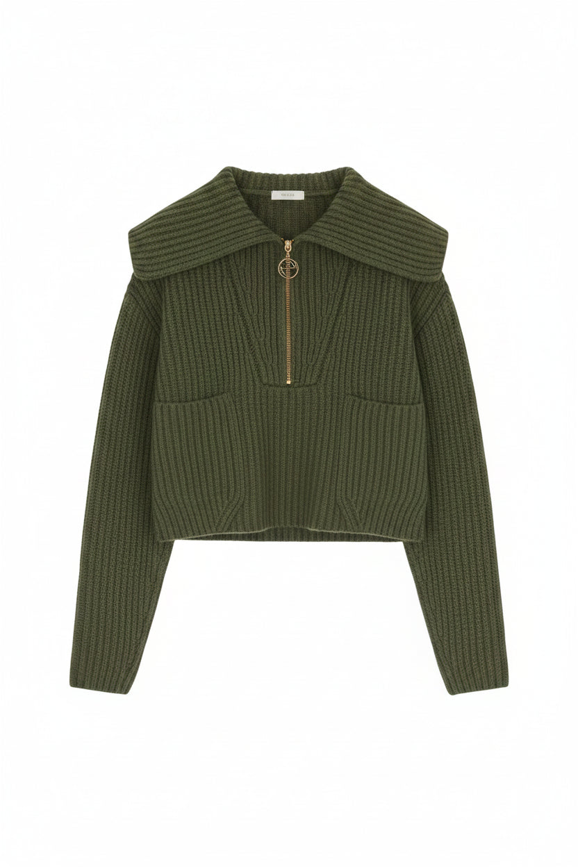 Zip-up Collar Rib Knit Jumper In Merino Wool - XS