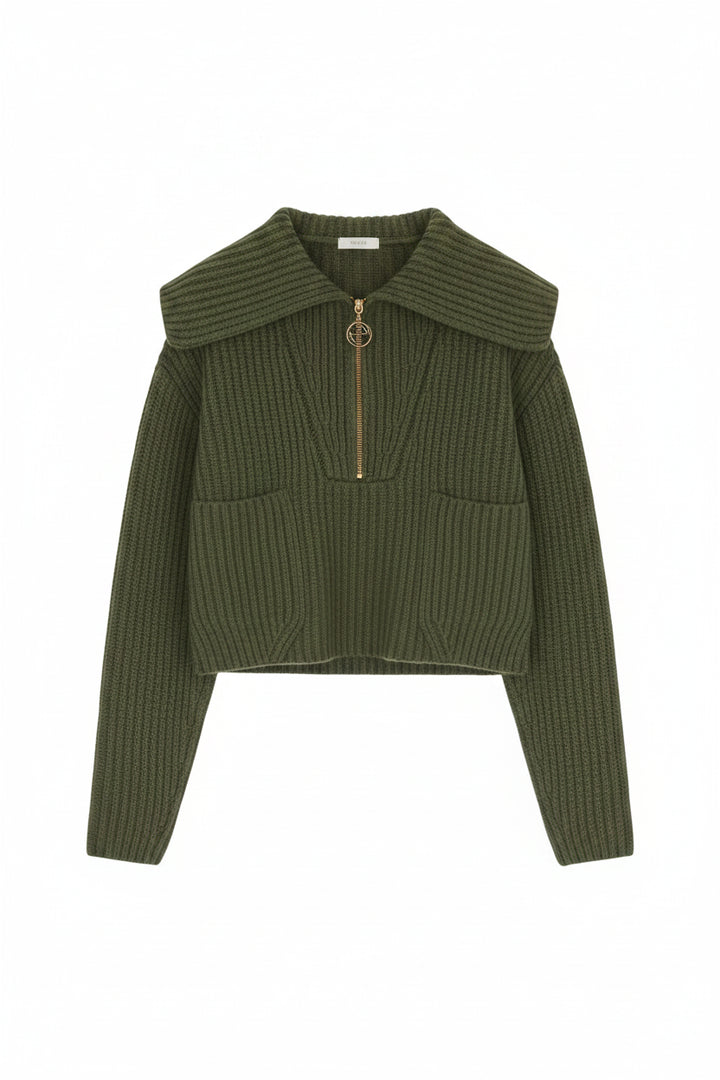 Zip-up Collar Rib Knit Jumper In Merino Wool - XS