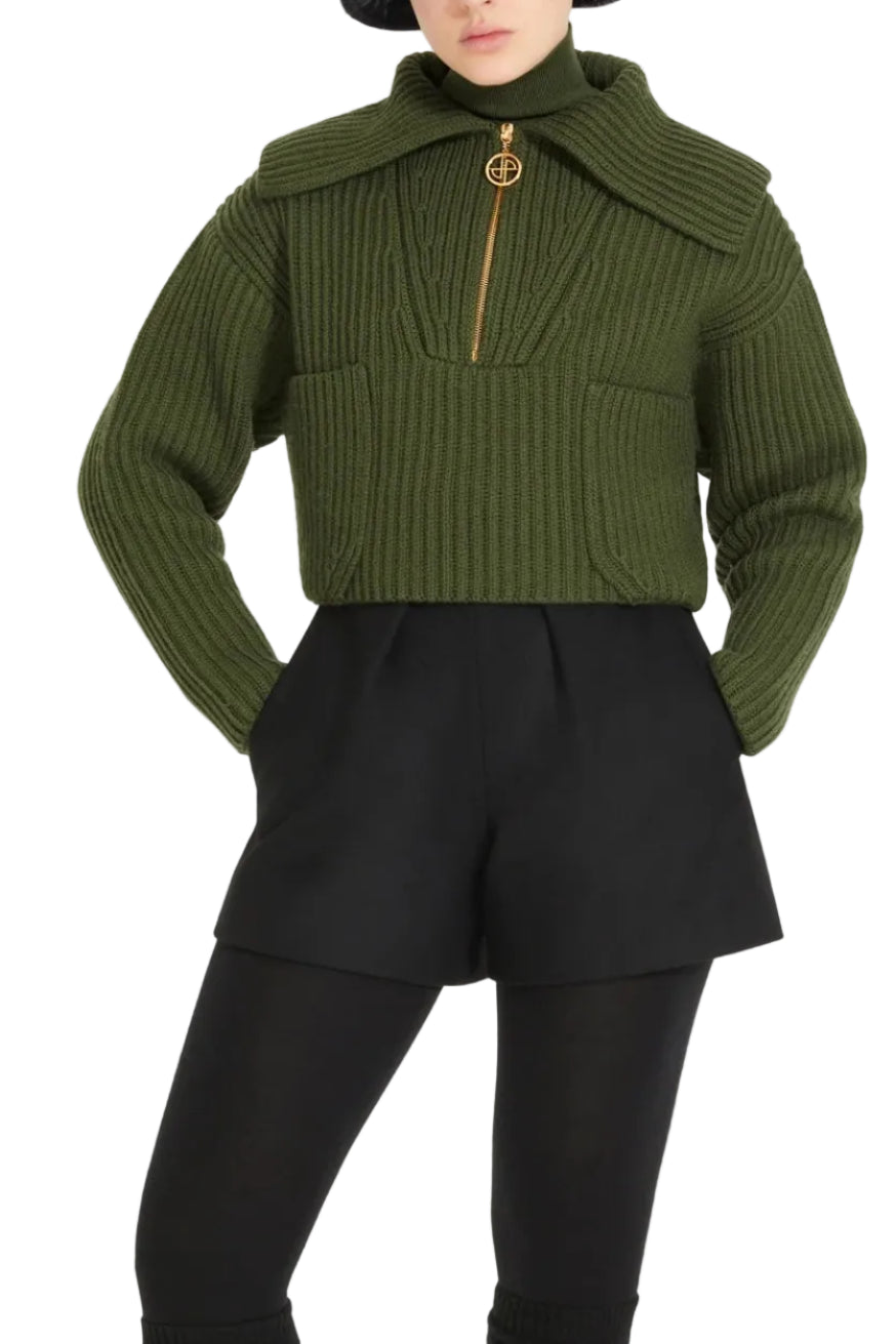 Zip-up Collar Rib Knit Jumper In Merino Wool - XS