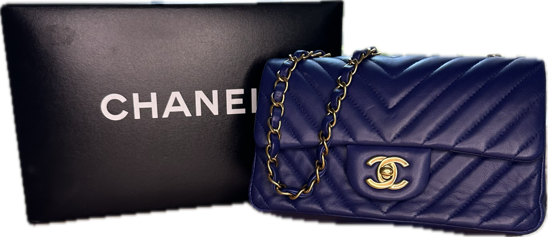 CHANEL Lambskin Chevron Quilted Mini Rectangular Flap- Blue