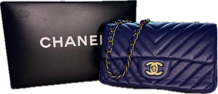 CHANEL Lambskin Chevron Quilted Mini Rectangular Flap- Blue