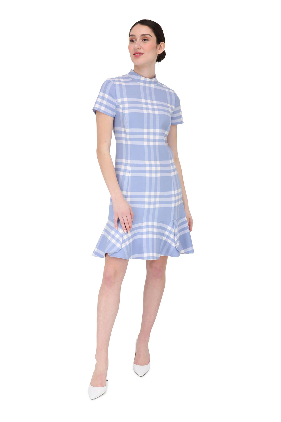 Oscar De La Renta -Light Blue &amp; White Plaid Flounce Hem Dress- Size 8