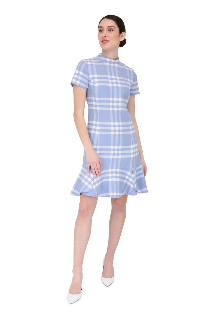 Oscar De La Renta -Light Blue &amp; White Plaid Flounce Hem Dress- Size 8